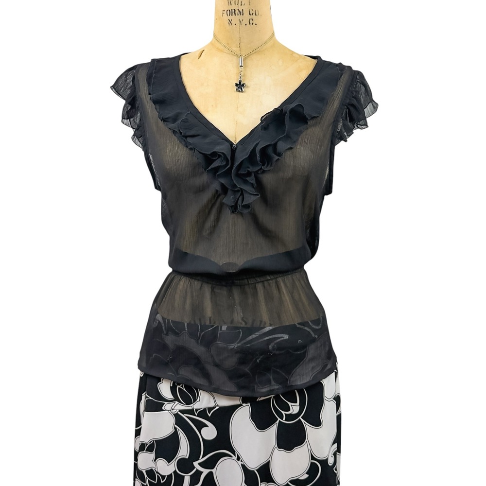 Whimsigoth Mesh Sheer Ruffle Top Size L Bow Pointelle Peplum Dark Coquette 90s